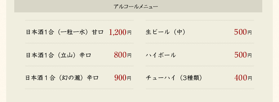 アルコールメニュー